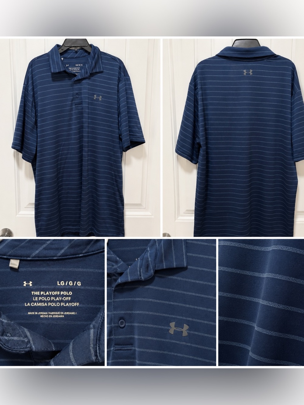 Under Armour Playoff Polo Navy Blue Striped Golf Shirt Size L